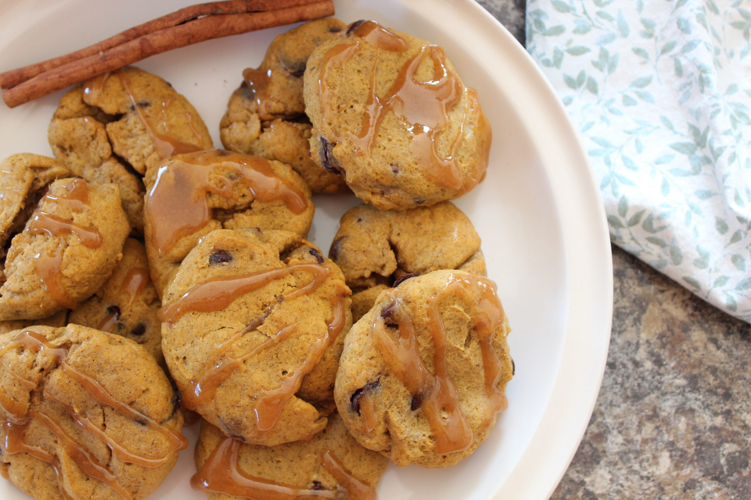Gluten-free pumpkin chocolate chip cookies with caramel drizzle